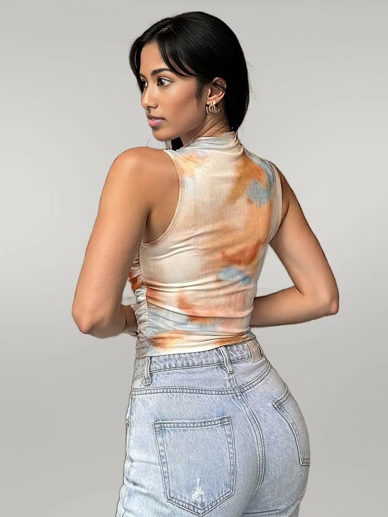 Printed Mock Neck Ruched Tank