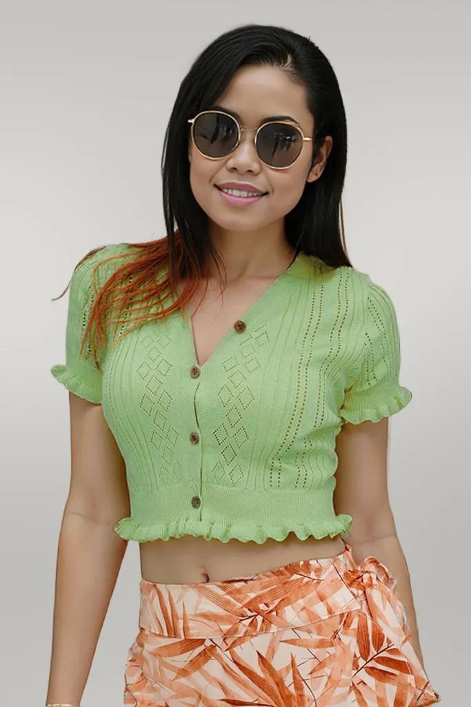 Buttoned Frill Hem Cropped Knit Top Neon Green One Size