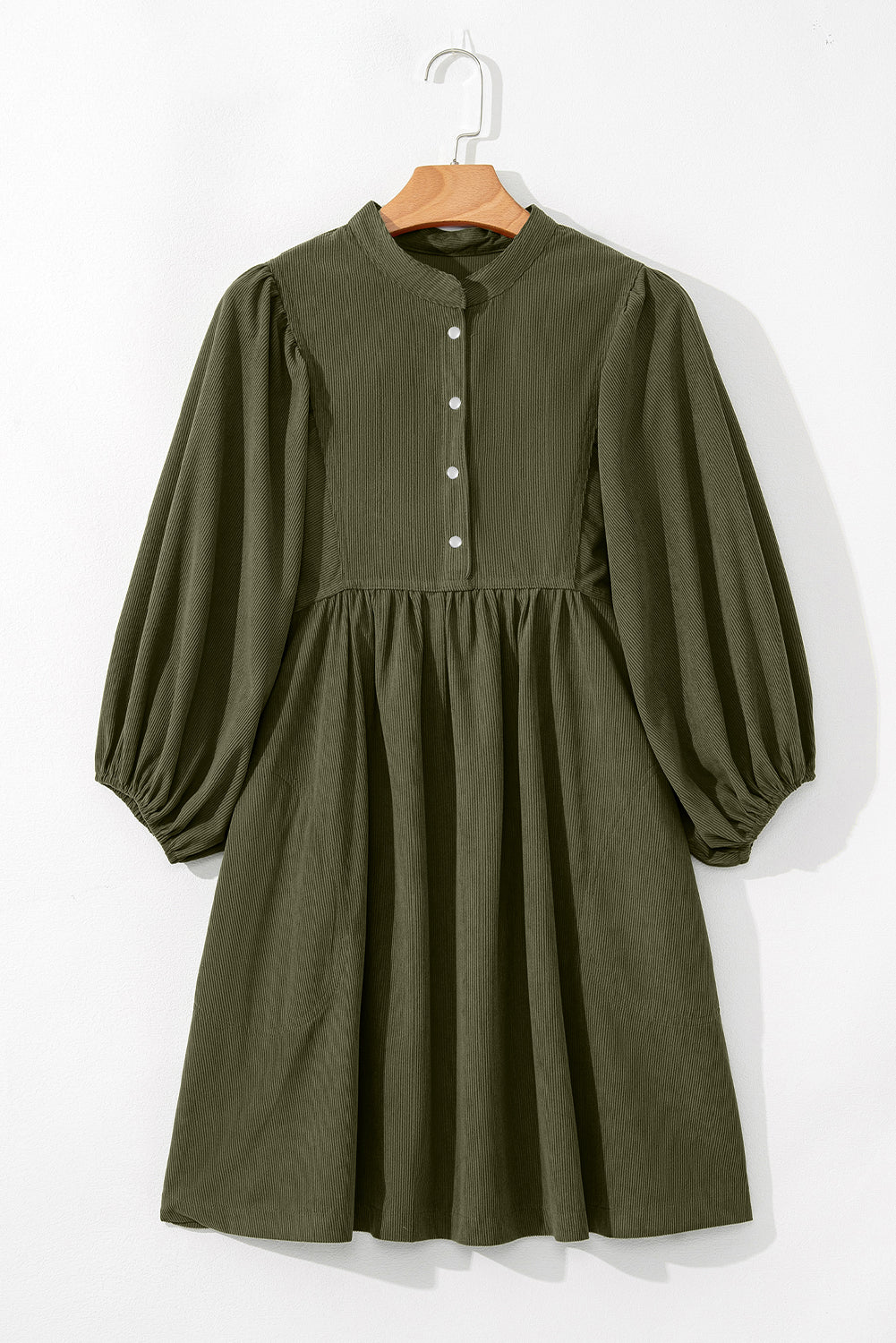 Vineyard Green Corduroy Snap Buttons Empire Waist Bracelet Sleeve Dress - Dresses/Mini Dresses - Dear - Lover