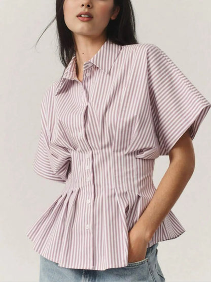 Striped Short Sleeve Button-Up Shirt Blush Pink