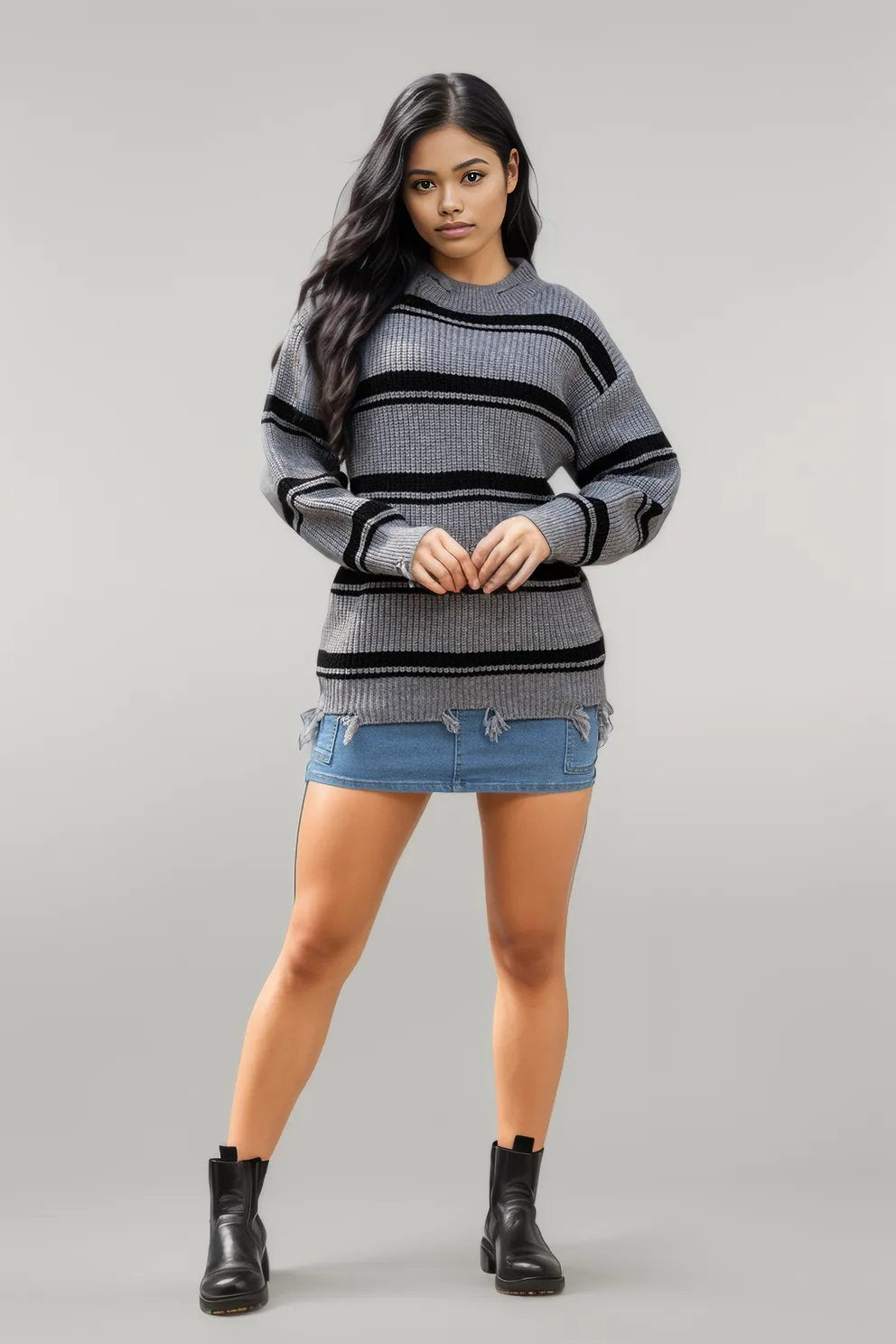 Striped Frayed Hem Round Neck Sweater