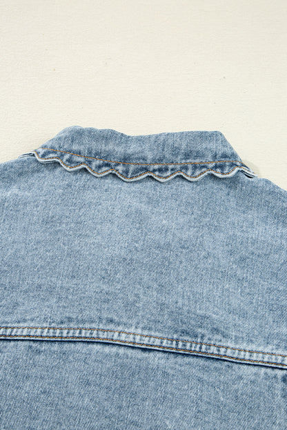Sail Blue Scallop Trim Collar Patched Pocket Button Up Denim Jacket Myosotis 75%Cotton+25%Polyester