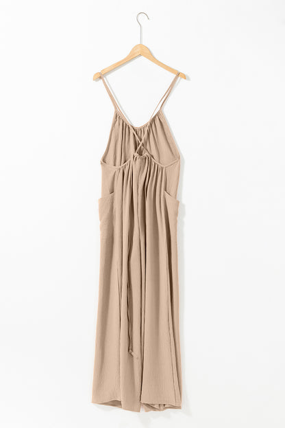 Apricot Spaghetti Straps Waist Tie Wide Leg Jumpsuit with Pockets