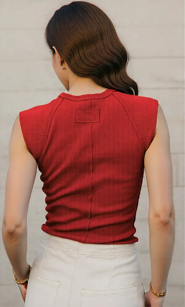 Ribbed Round Neck Slim Tank Red