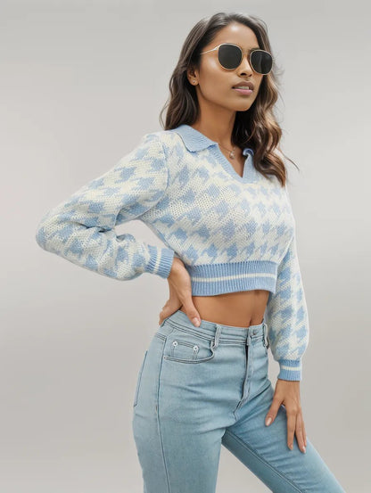 Houndstooth Johnny Collar Cropped Sweater Pastel Blue