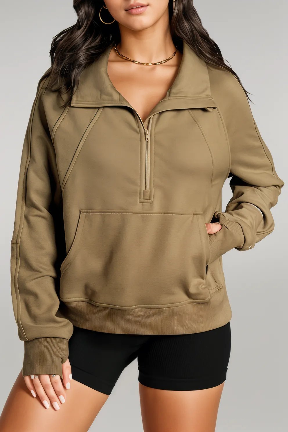 Black Quarter Zip Stand Neck Kangaroo Pocket Sweatshirt Brown 50%Polyester+50%Cotton