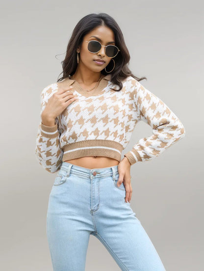 Houndstooth Johnny Collar Cropped Sweater Khaki