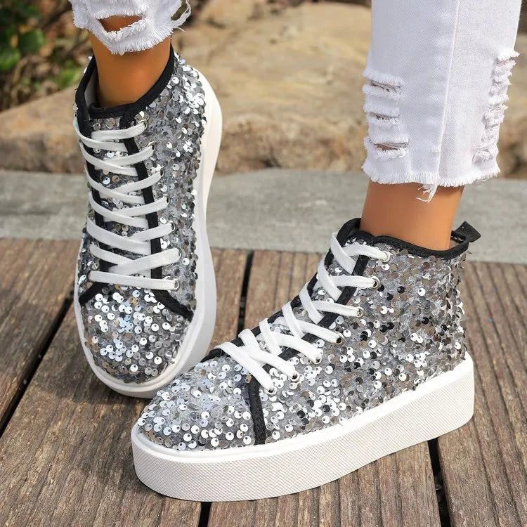 Sequin Round Toe Platform Sneakers
