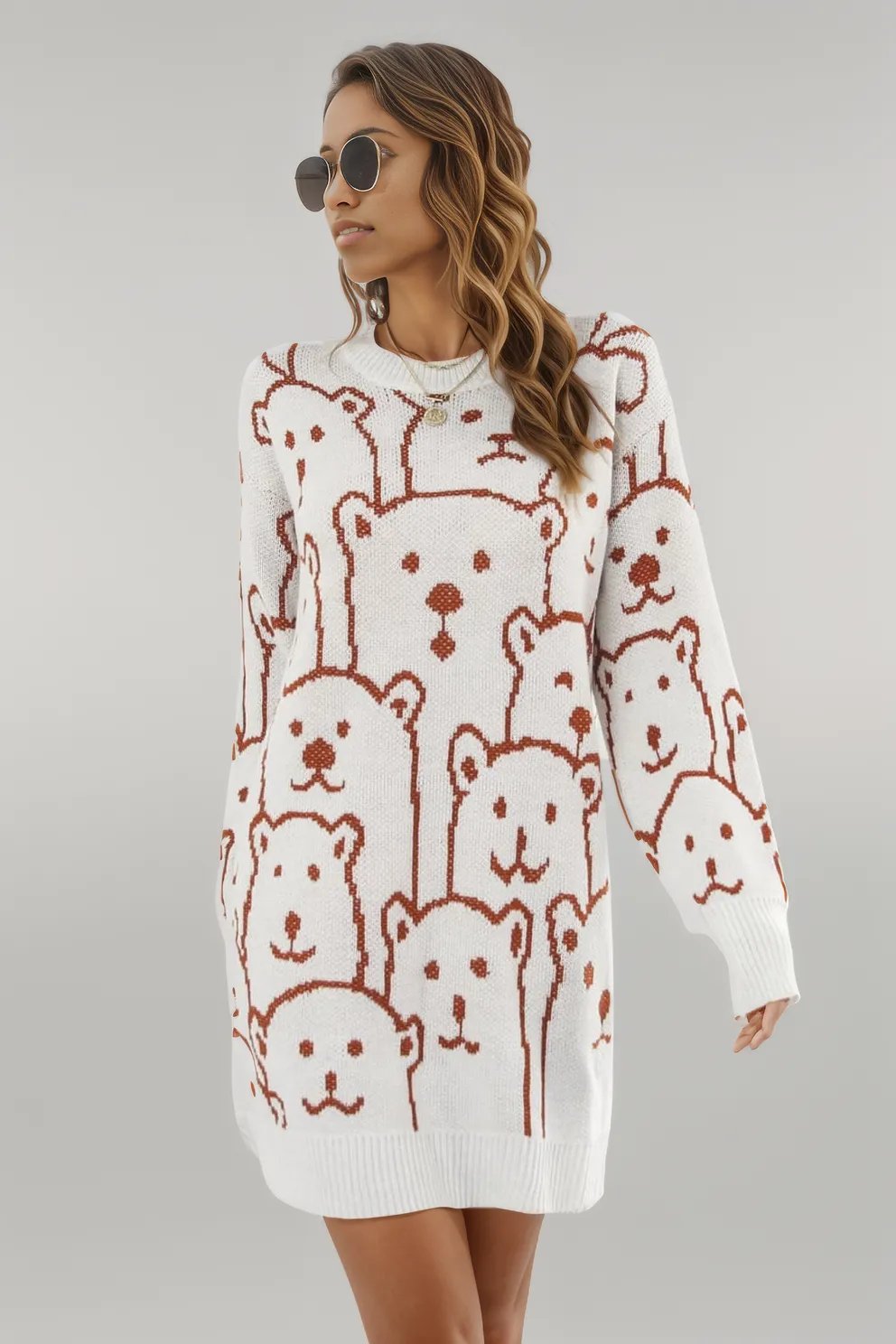 Bear Pattern Round Neck Sweater Dress White