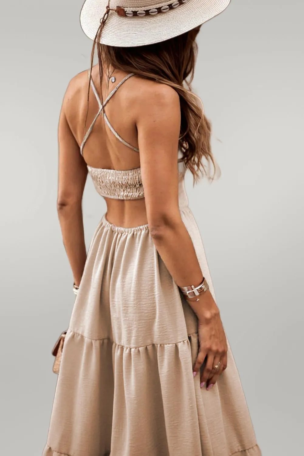 Oatmeal Crossover Backless Bodice Tiered Maxi Dress