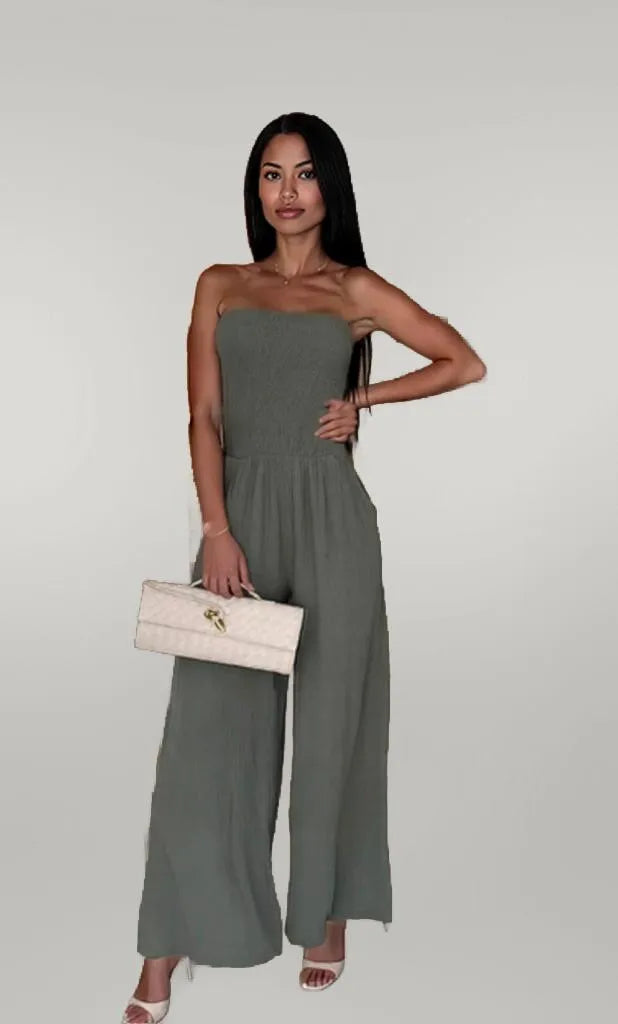 Smocked Tube Wide-Leg Jumpsuit Green