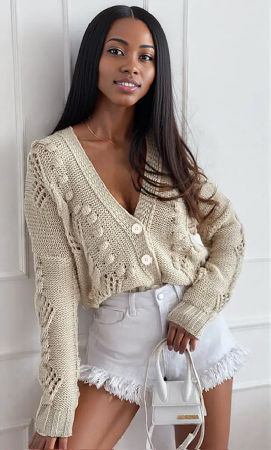 Chunky Cropped Button-Up Sweater Cardigan