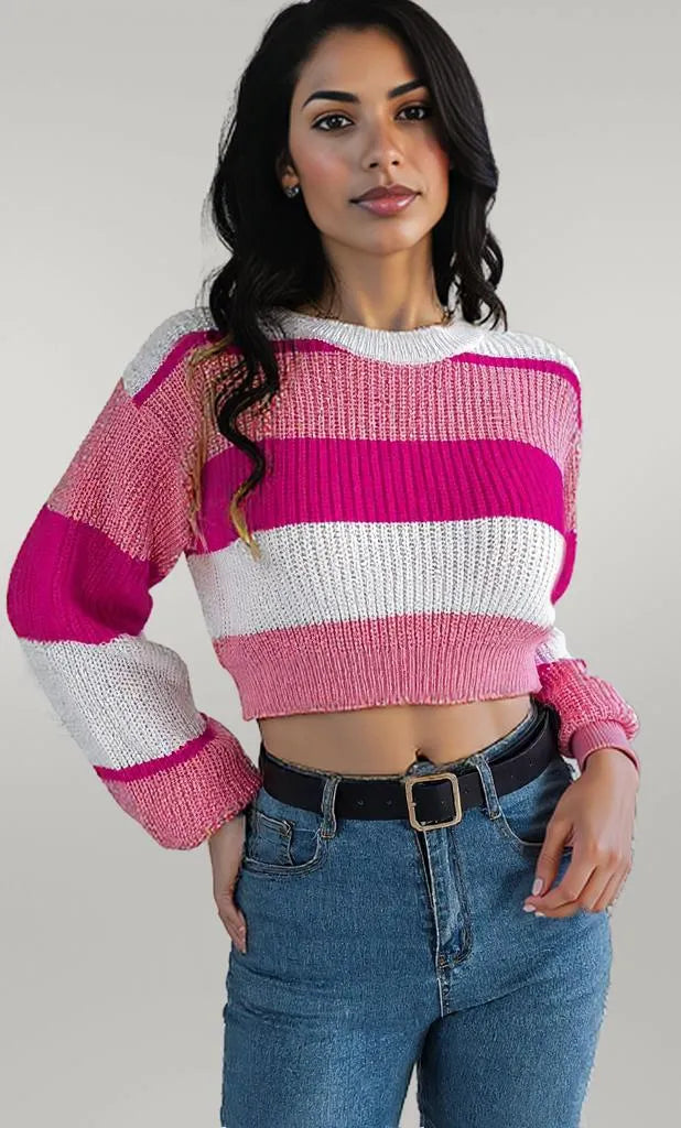 Color Block Round Neck Cropped Sweater