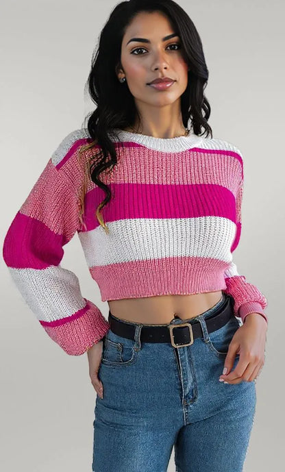 Color Block Round Neck Cropped Sweater