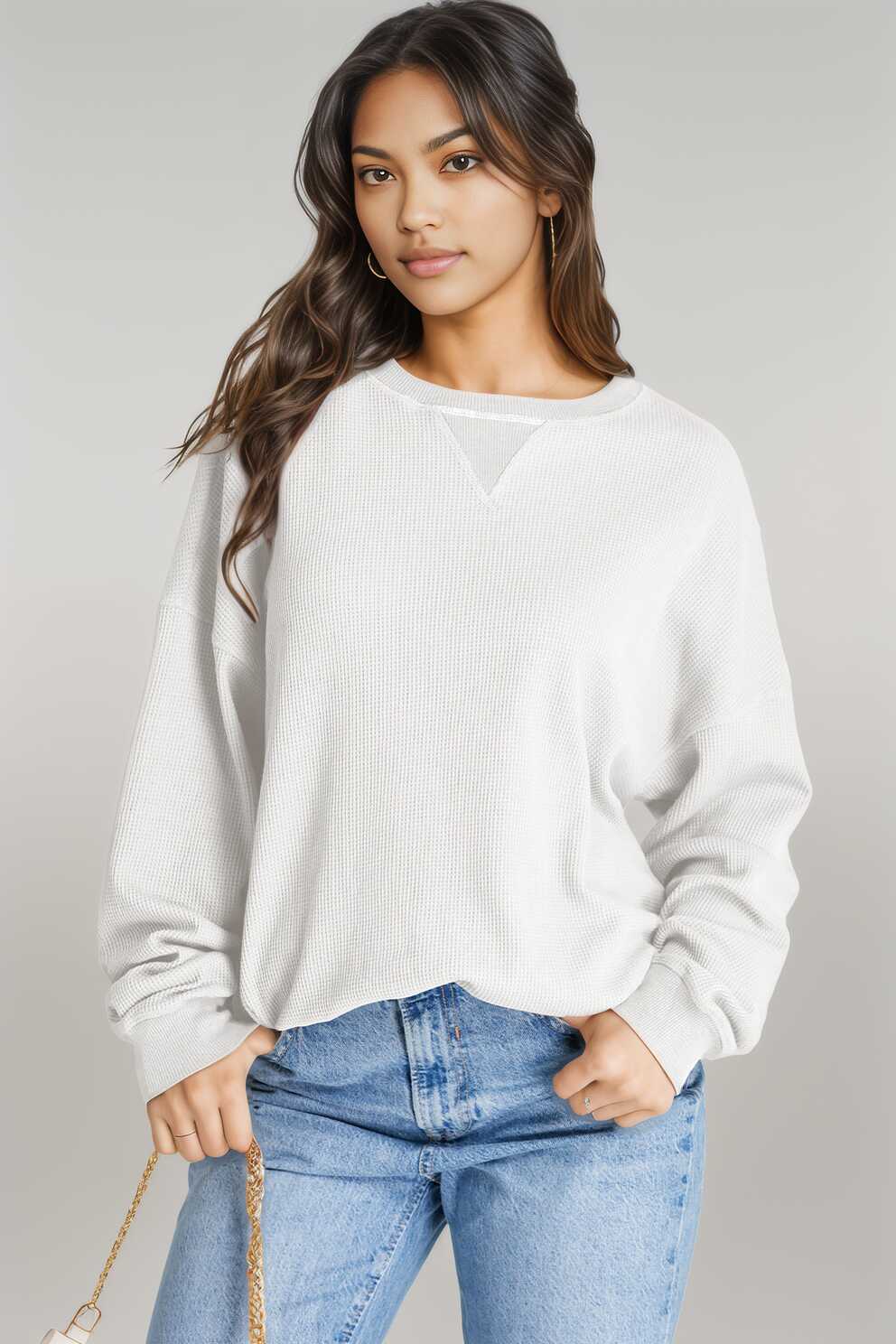 Waffle-Knit Long Sleeve Sweatshirt