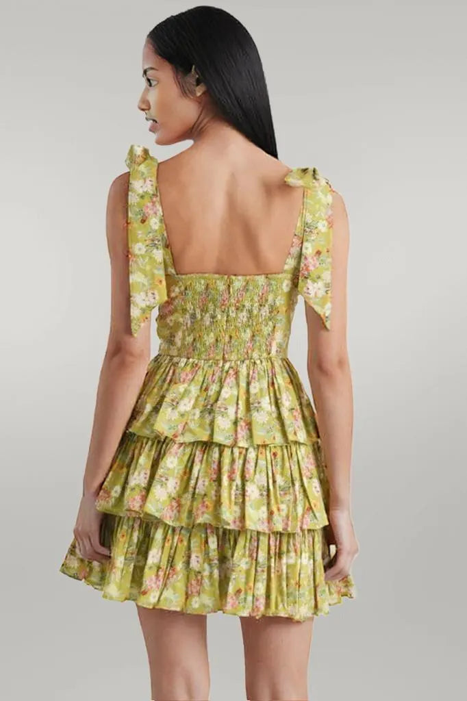 MABLE Floral Print Shoulder Tie Layered Mini Dress