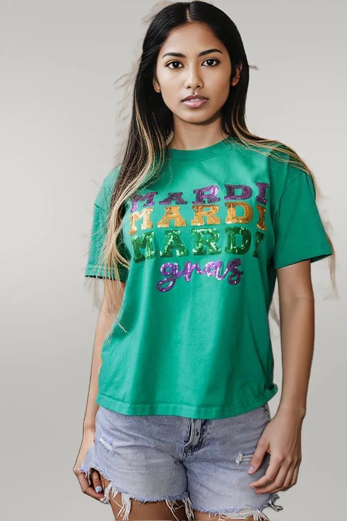 Sea Green Sequin Mardi Gras Letter Graphic T Shirt