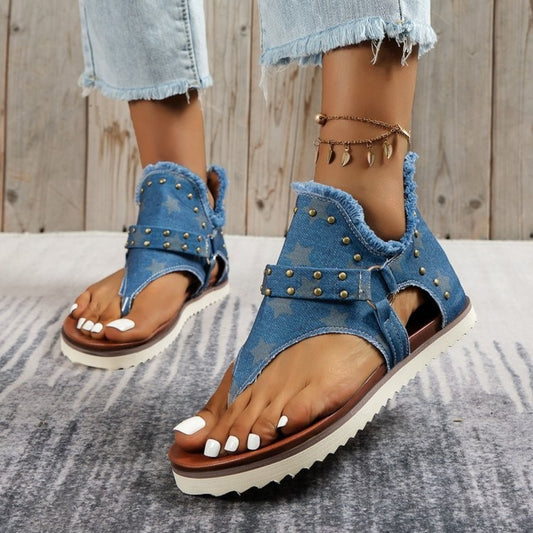 Studded Raw Hem Flat Sandals Medium