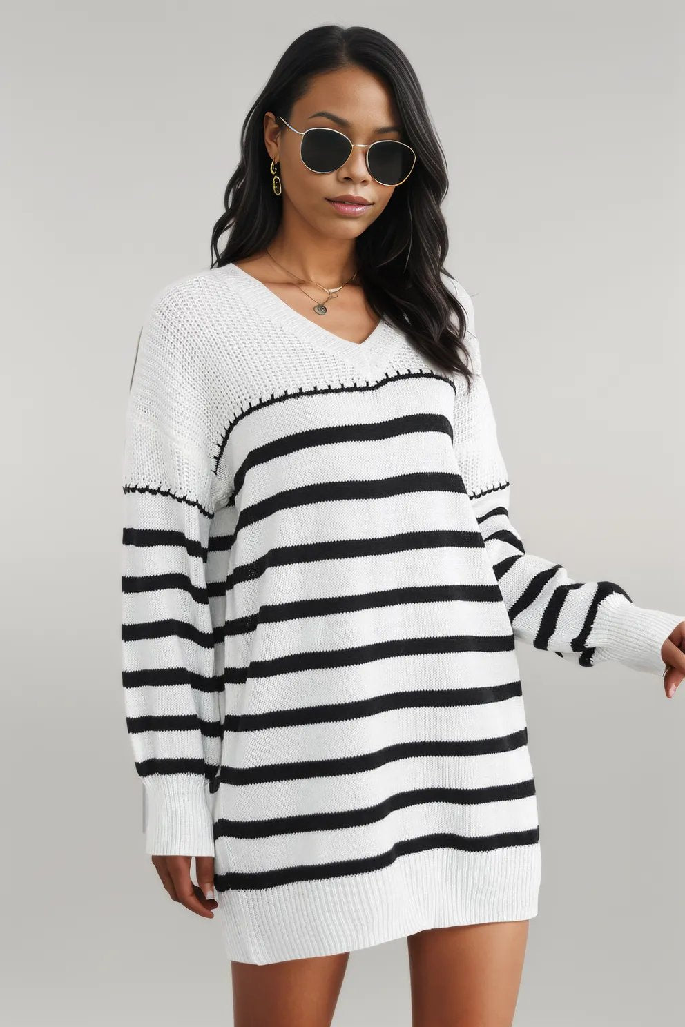 Striped V-Neck Drop Shoulder Sweater Dress