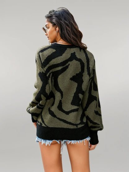 Printed Round Neck Long Sleeve Sweater