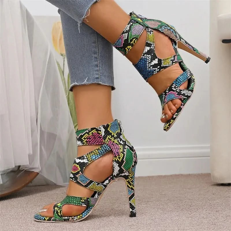 Snake Print Strappy Stiletto Pumps