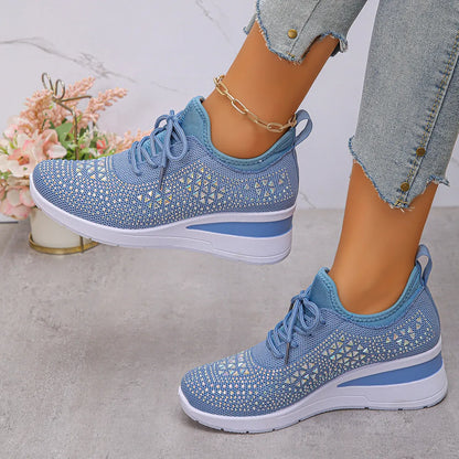 Breathable Mesh Rhinestone Wedge Athletic Sneakers Sky Blue