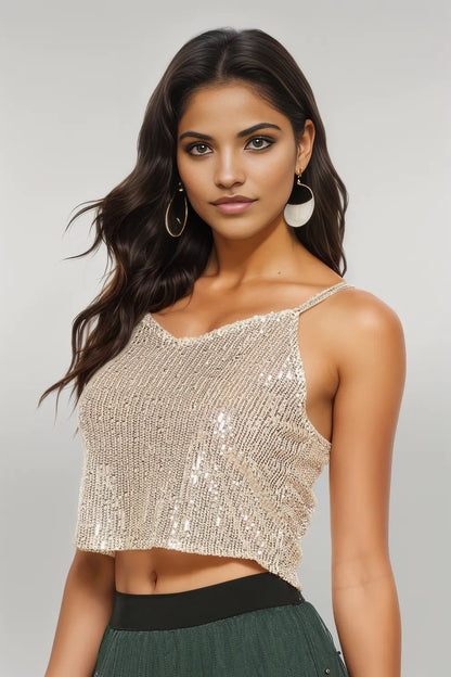 Sequin Cropped Cami Gold One Size