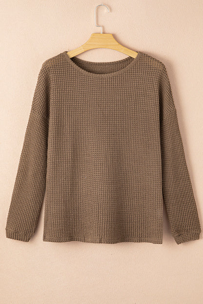 Khaki Waffle Knit Drop Shoulder Long Sleeve Top