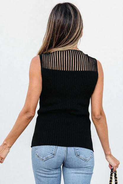 Black Ribbed Texture Mesh Cutout Knitted Sweater Vest