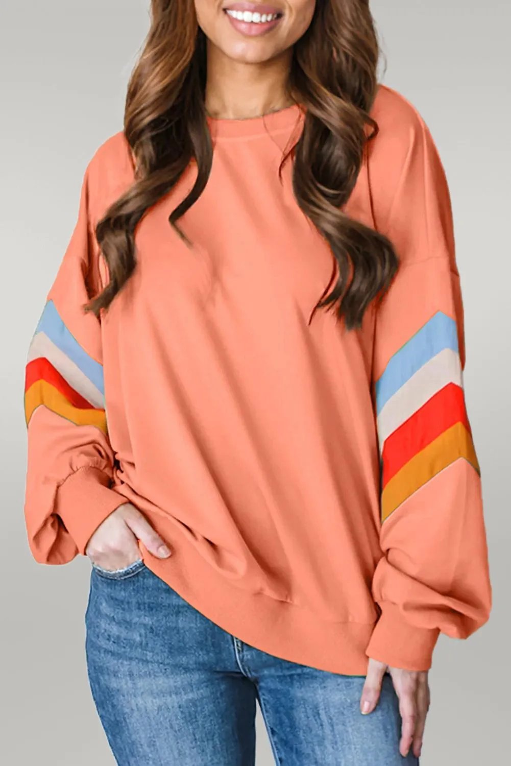 Flamingo Rainbow Striped Sleeve Crew Neck Loose Sweatshirt Flamingo 65%Polyester+35%Cotton