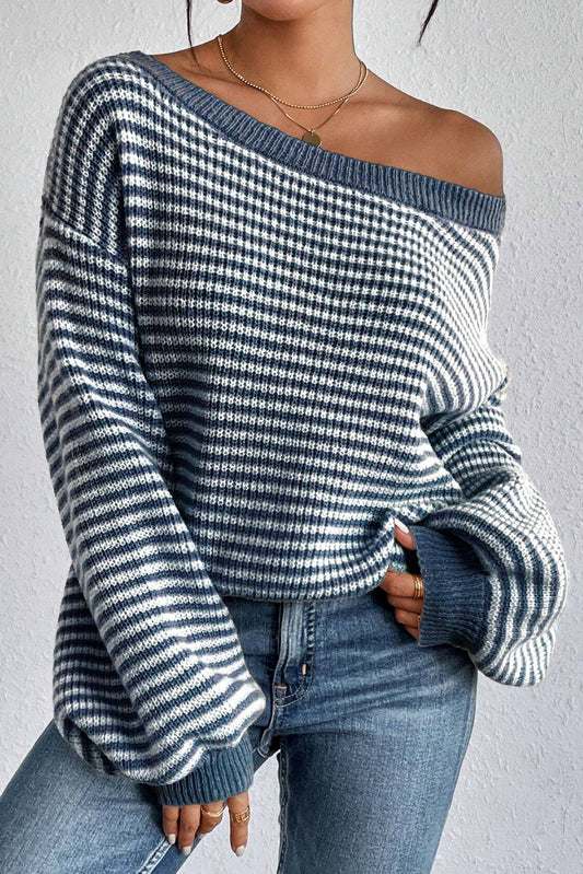 Sail Blue Striped Lantern Sleeve Drop Shoulder Cozy Sweater Sail Blue 65%Acrylic+35%Polyamide