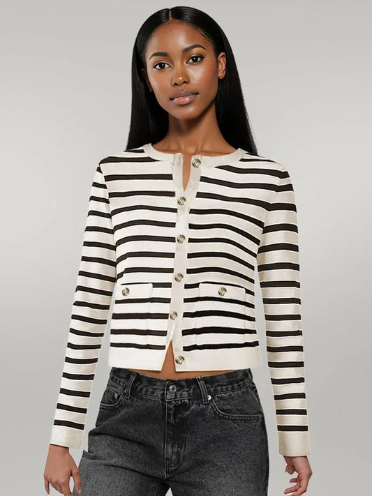 Striped Round Neck Button Up Long Sleeve Cardigan White