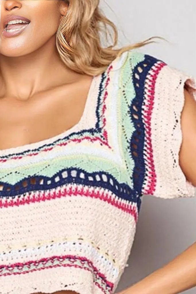 POL Openwork Ethnic Pattern Square Neck Cropped Knit Top