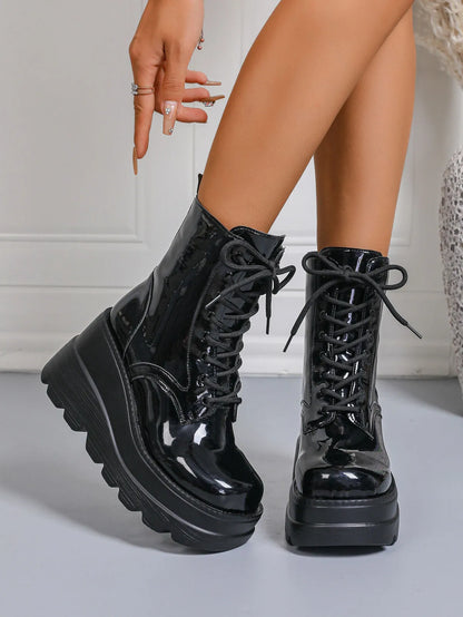 Lace Up Wedge Platform Boots Black