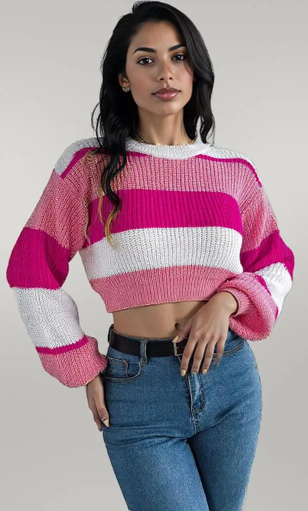 Color Block Round Neck Cropped Sweater