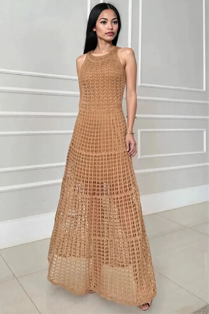Hollowed-Out Sleeveless Maxi Dress Ochre