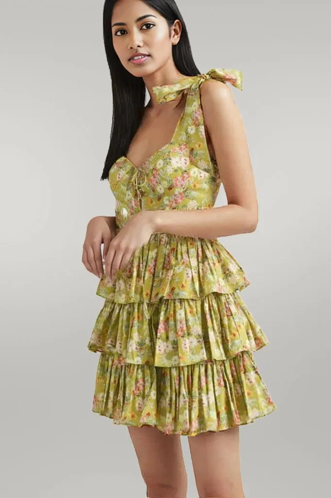 MABLE Floral Print Shoulder Tie Layered Mini Dress
