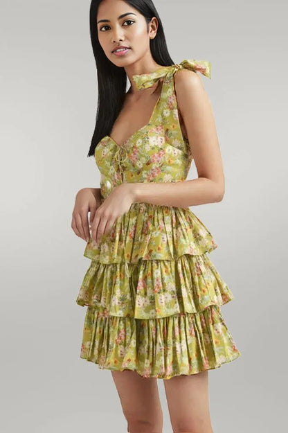 MABLE Floral Print Shoulder Tie Layered Mini Dress