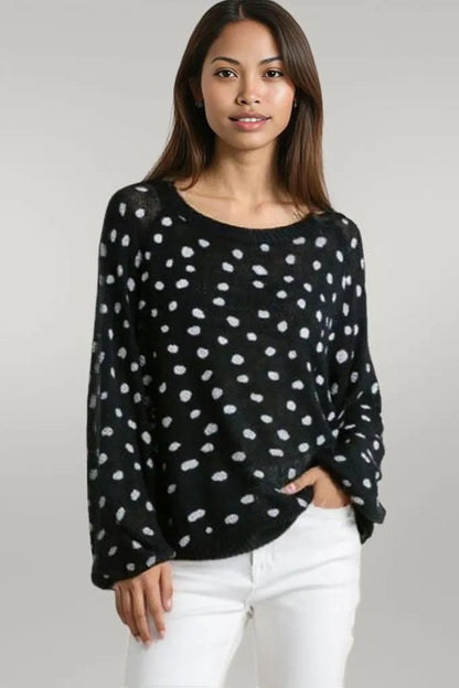 Umgee Full Size Dalmatian Hand Stamped Round Neck Sweater Black