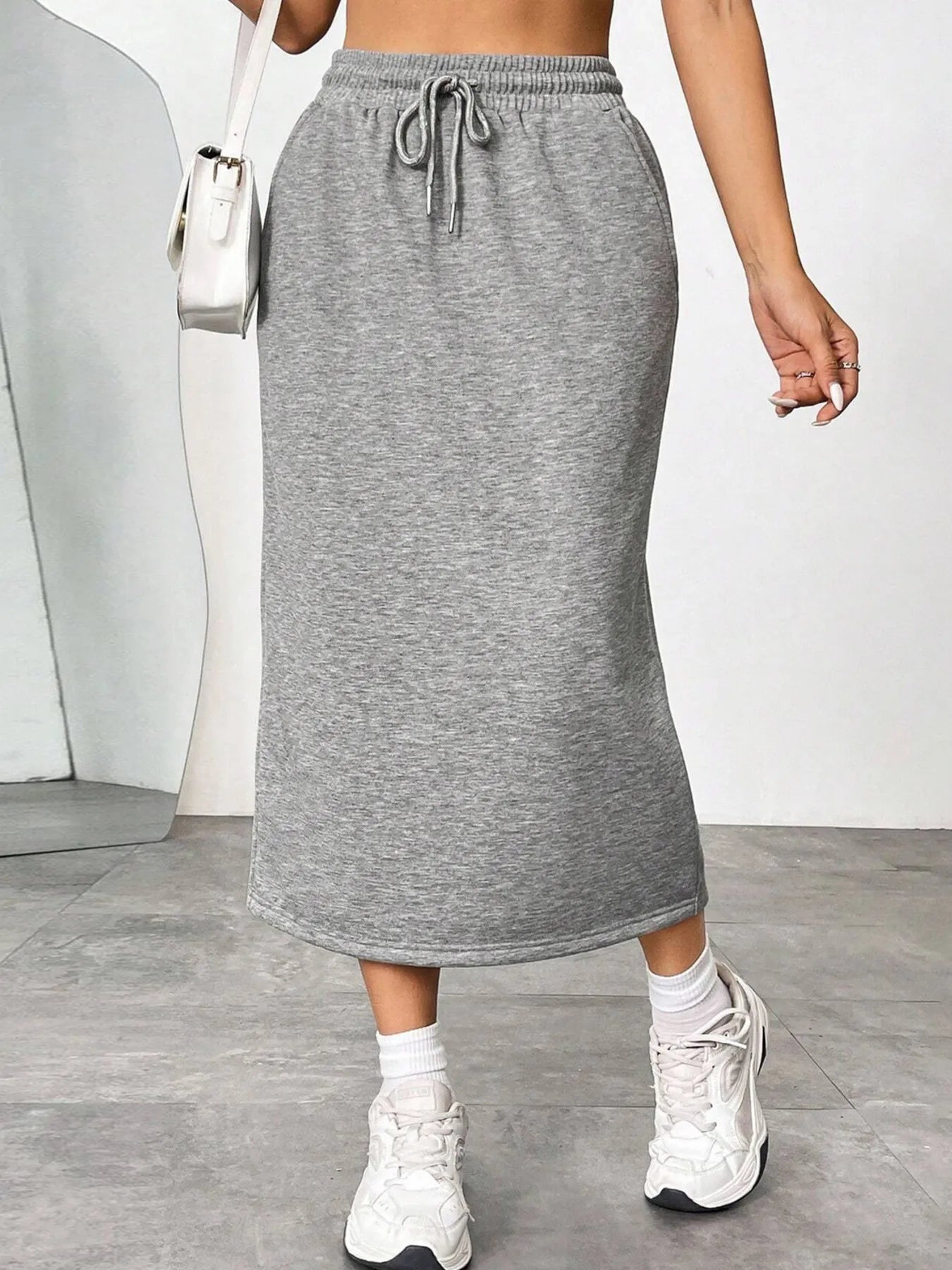 Slit Drawstring Midi Skirt Grey
