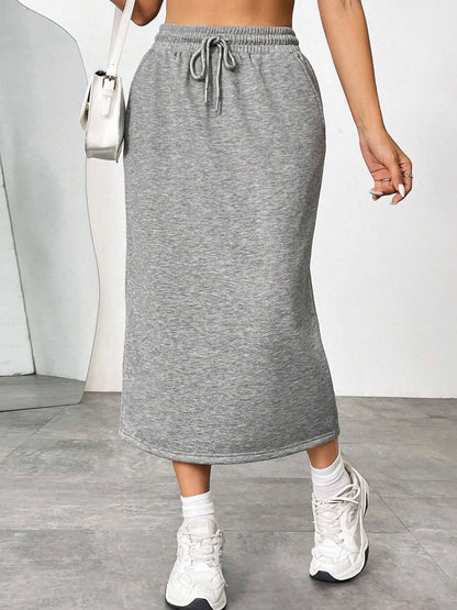 Slit Drawstring Midi Skirt Grey