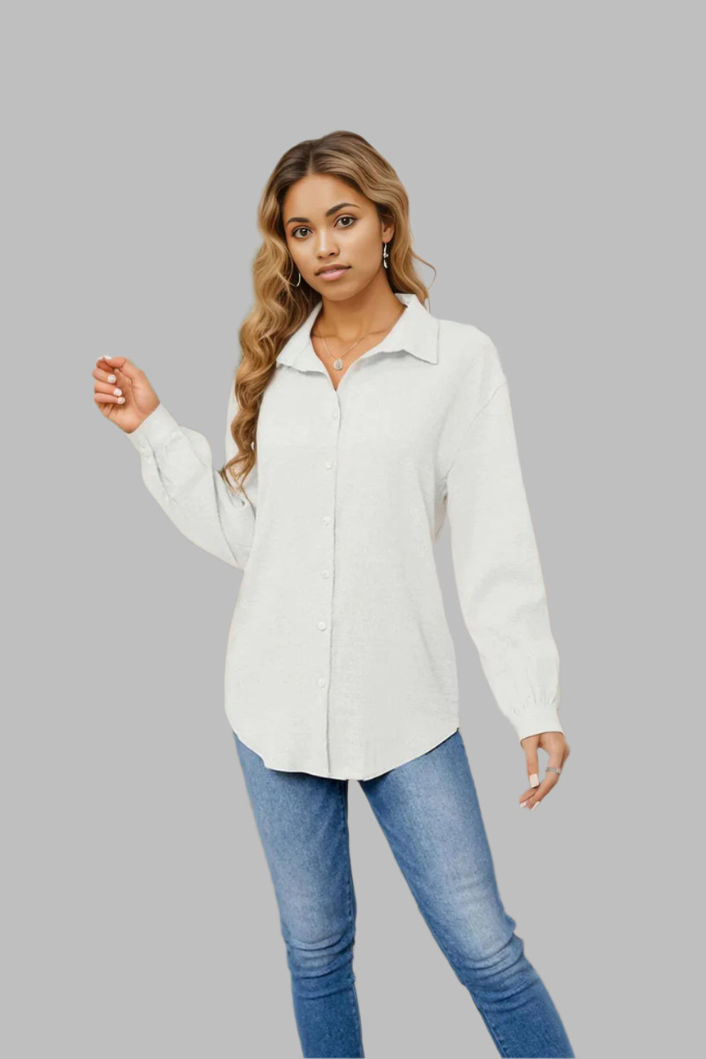 Collared Neck Buttoned Long Sleeve Shirt White