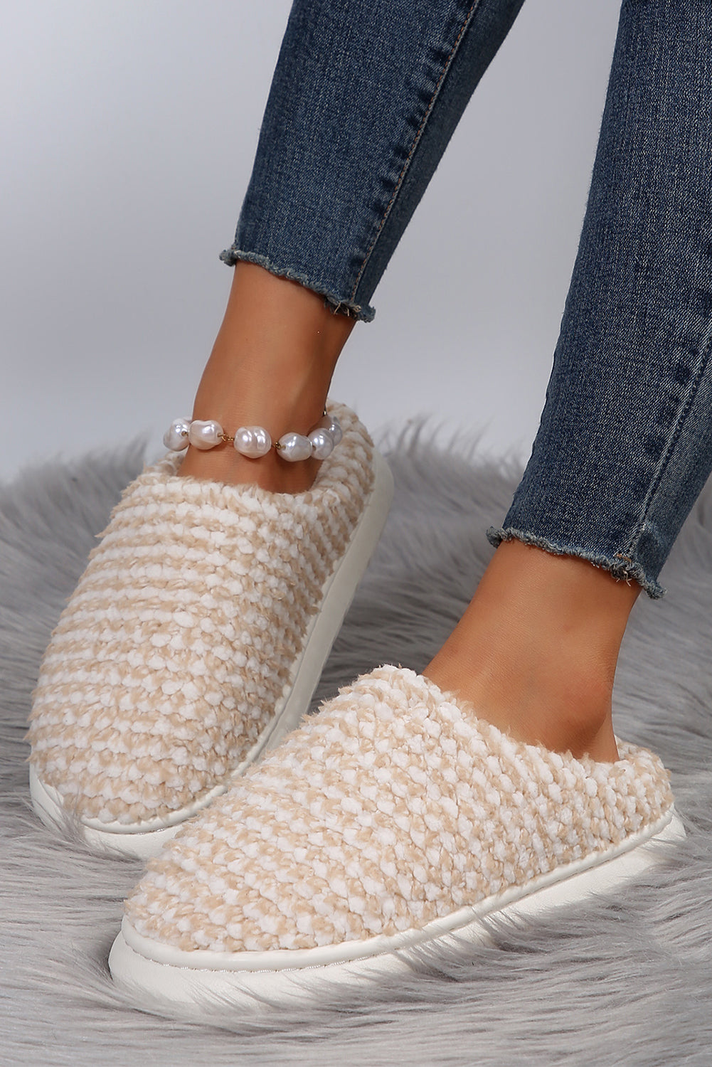 Pale Khaki Two-tone Knitted Warm Homewear Slippers-Shoes & Bags/Slippers-HTO Apparel-Dear-Lover