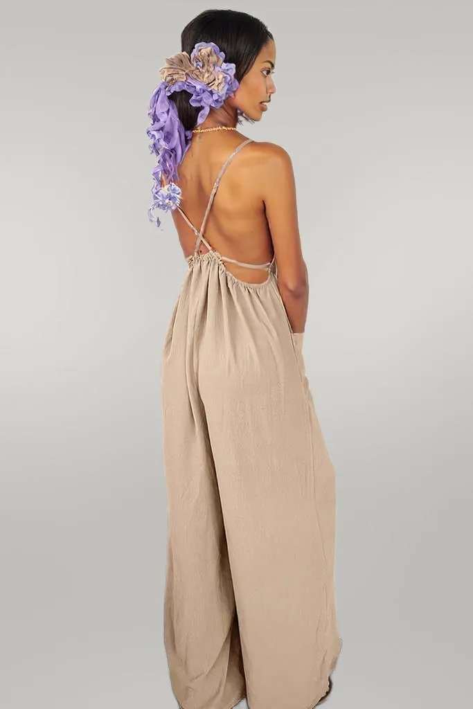 Apricot Spaghetti Straps Waist Tie Wide Leg Jumpsuit with Pockets