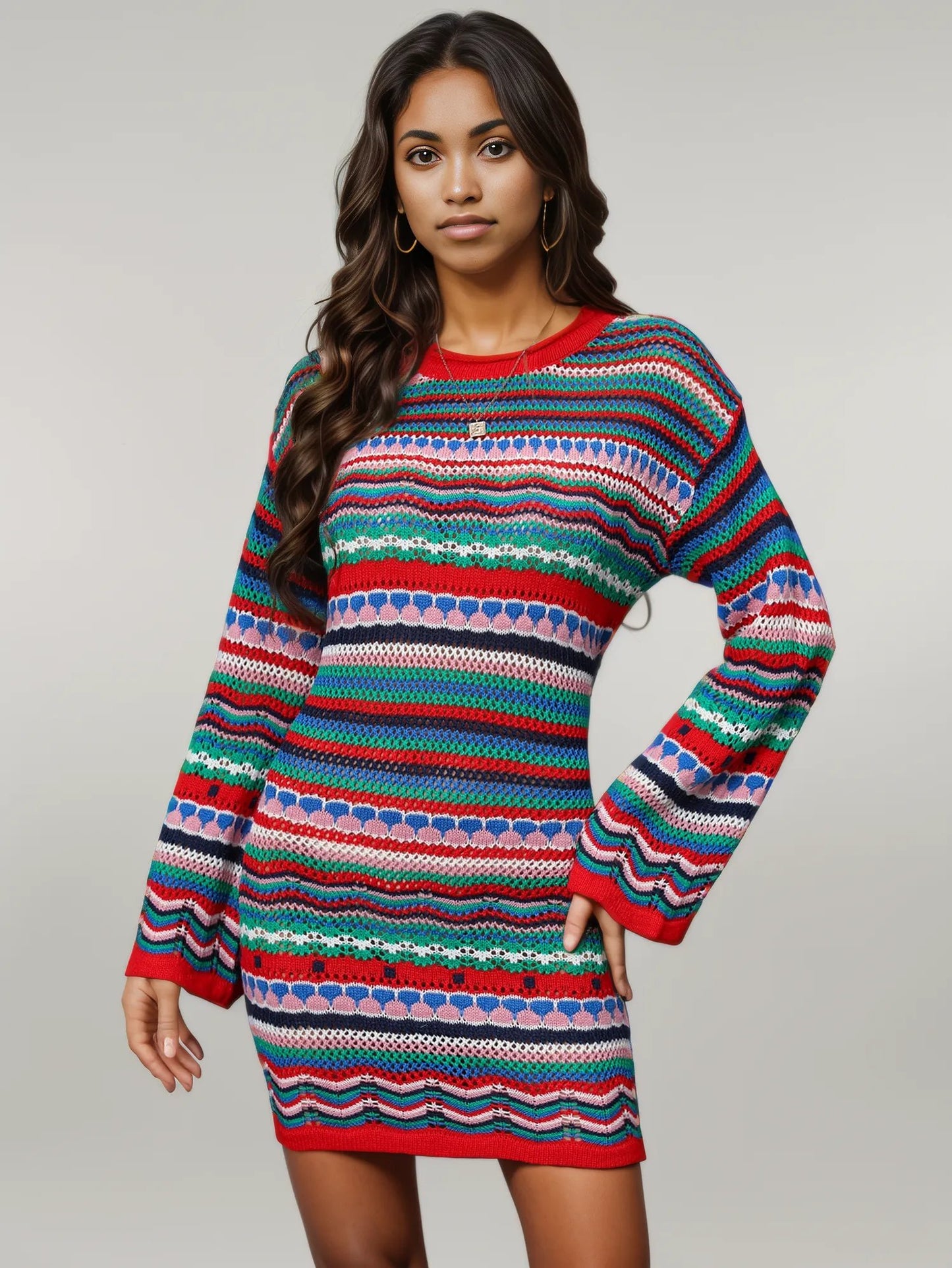 Angel Wings Multicolored Stripe Dropped Shoulder Sweater Dress Green