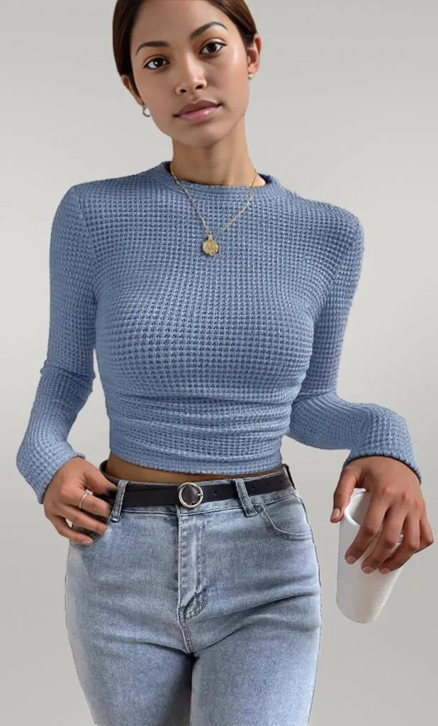 Waffle Knit Long Sleeve T-Shirt Light Blue