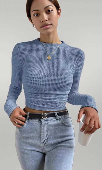 Waffle Knit Long Sleeve T-Shirt Light Blue