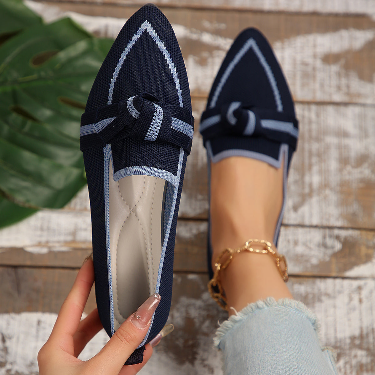 Bow Contrast Trim Point Toe Loafers - Shoes & Bags/Women's Shoes - Trendsi - Dark Blue - 43(US11) - 100600967784046