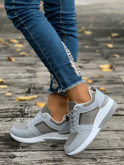 Lace-Up Rhinestone Wedge Sneakers Light Gray