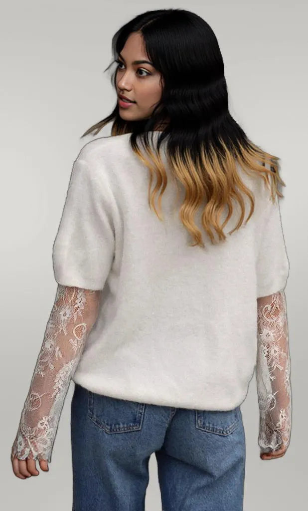 Lace Sleeve Patchwork Faux Two-piece Fuzzy Sweater